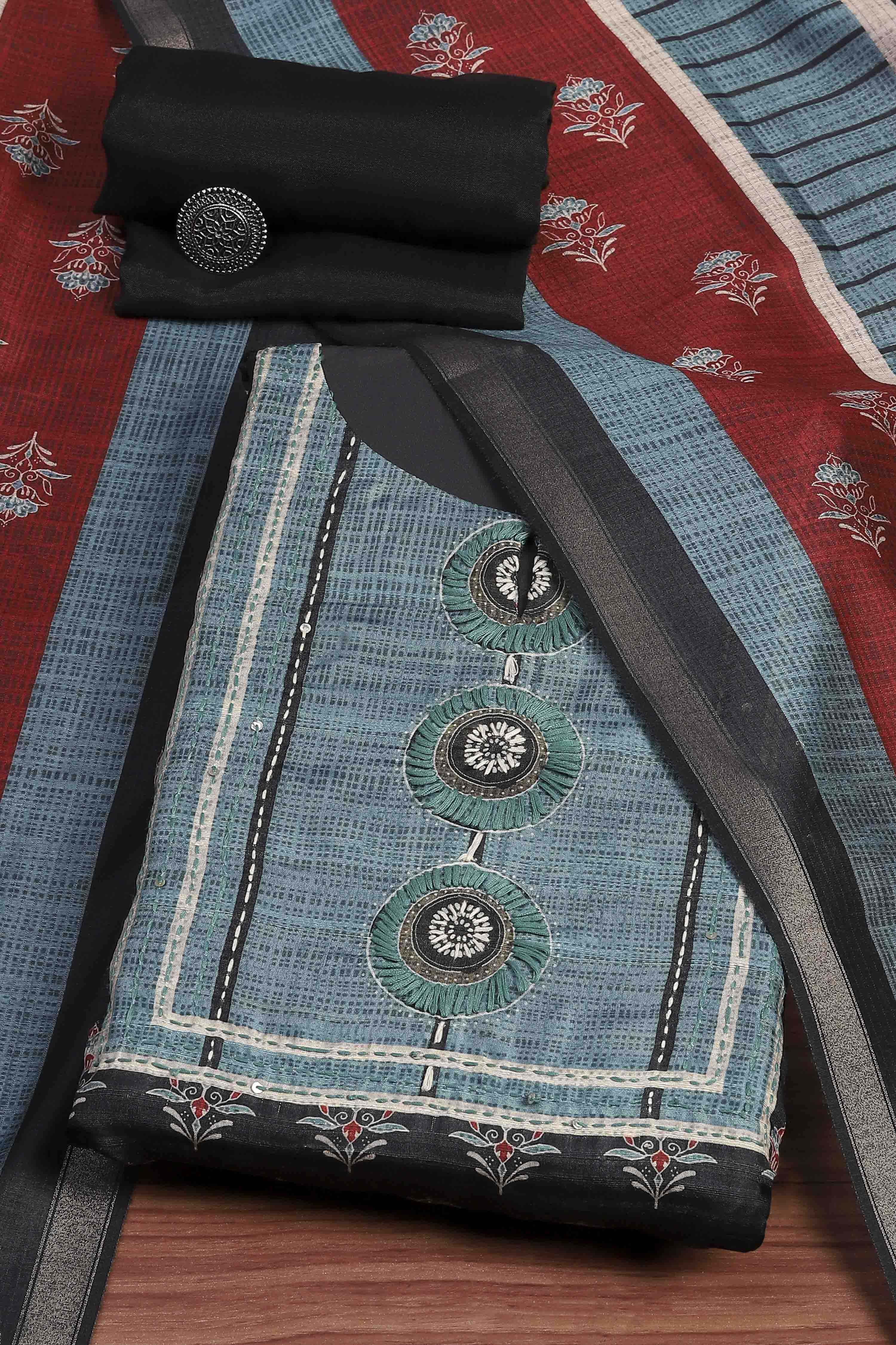 Buy Black Silk Blend Printed- Embroidered Unstitched Suit Set - Main Image