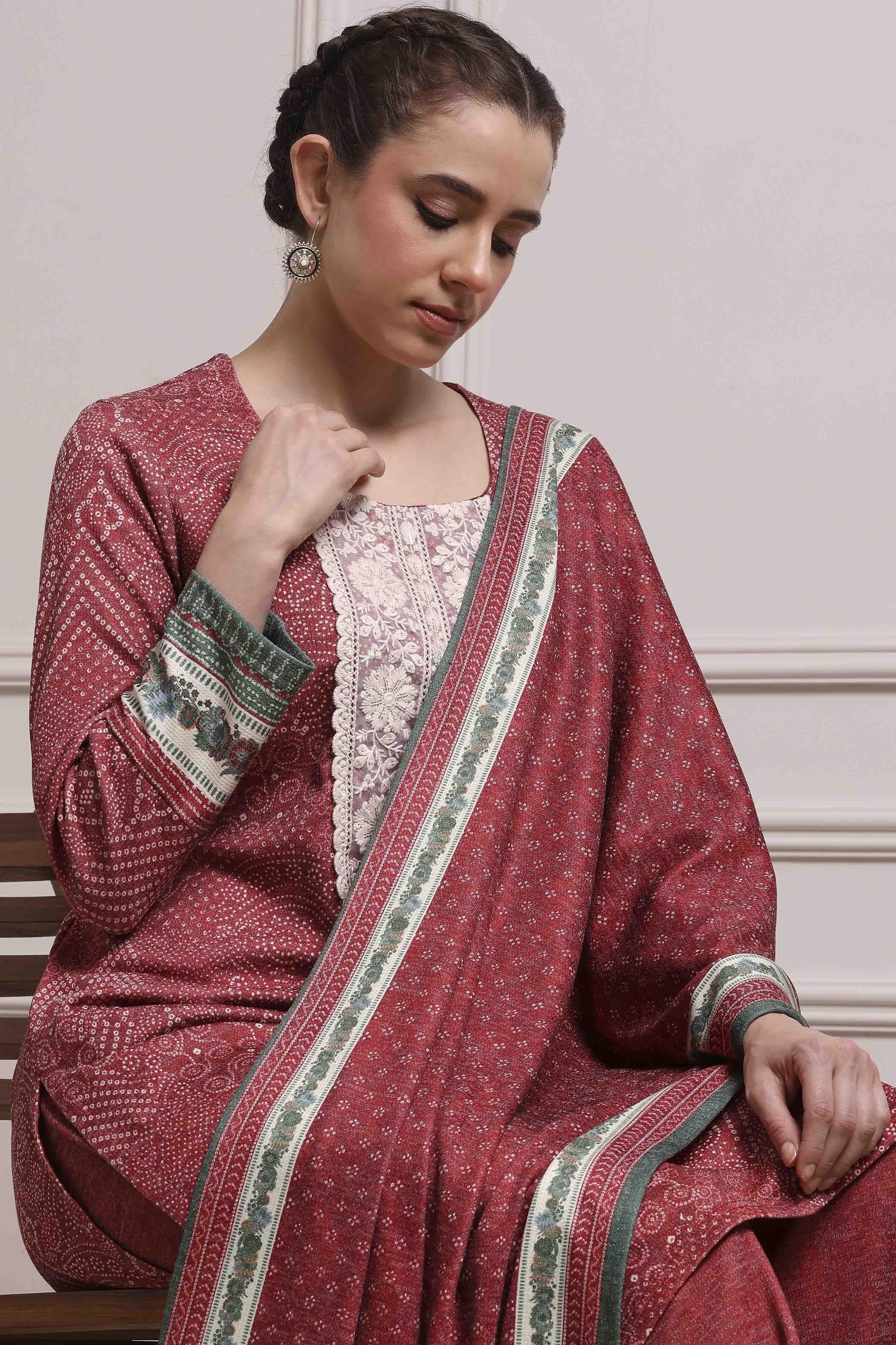 Black Printed Straight Winter Suit Set image number 7