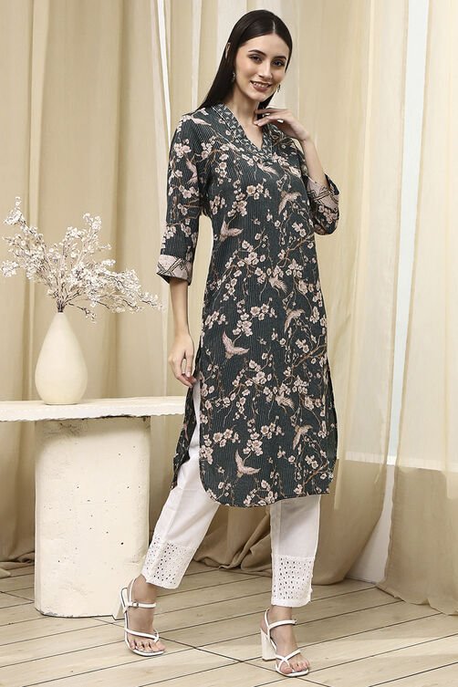 Mustard Yellow Cotton Printed Straight Kurta image number 4