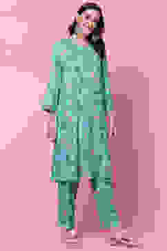 Sea Green LIVA Straight Kurta Relaxed Pant Suit Set image number 6
