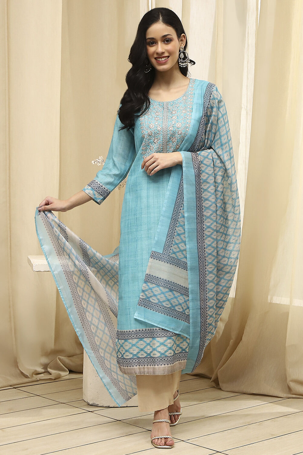 Teal Cotton Machine-Embroidered Unstitched Suit Set image number 1