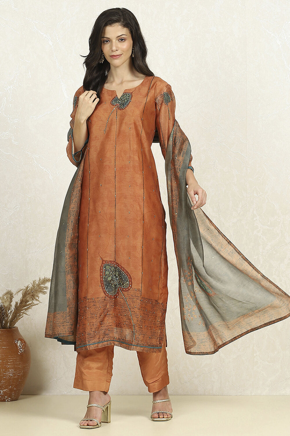 Rust Chanderi Unstitched Suit Set image number 1