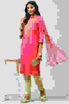 Fuschia Cotton Straight Kurta Pant Suit Set image number 4