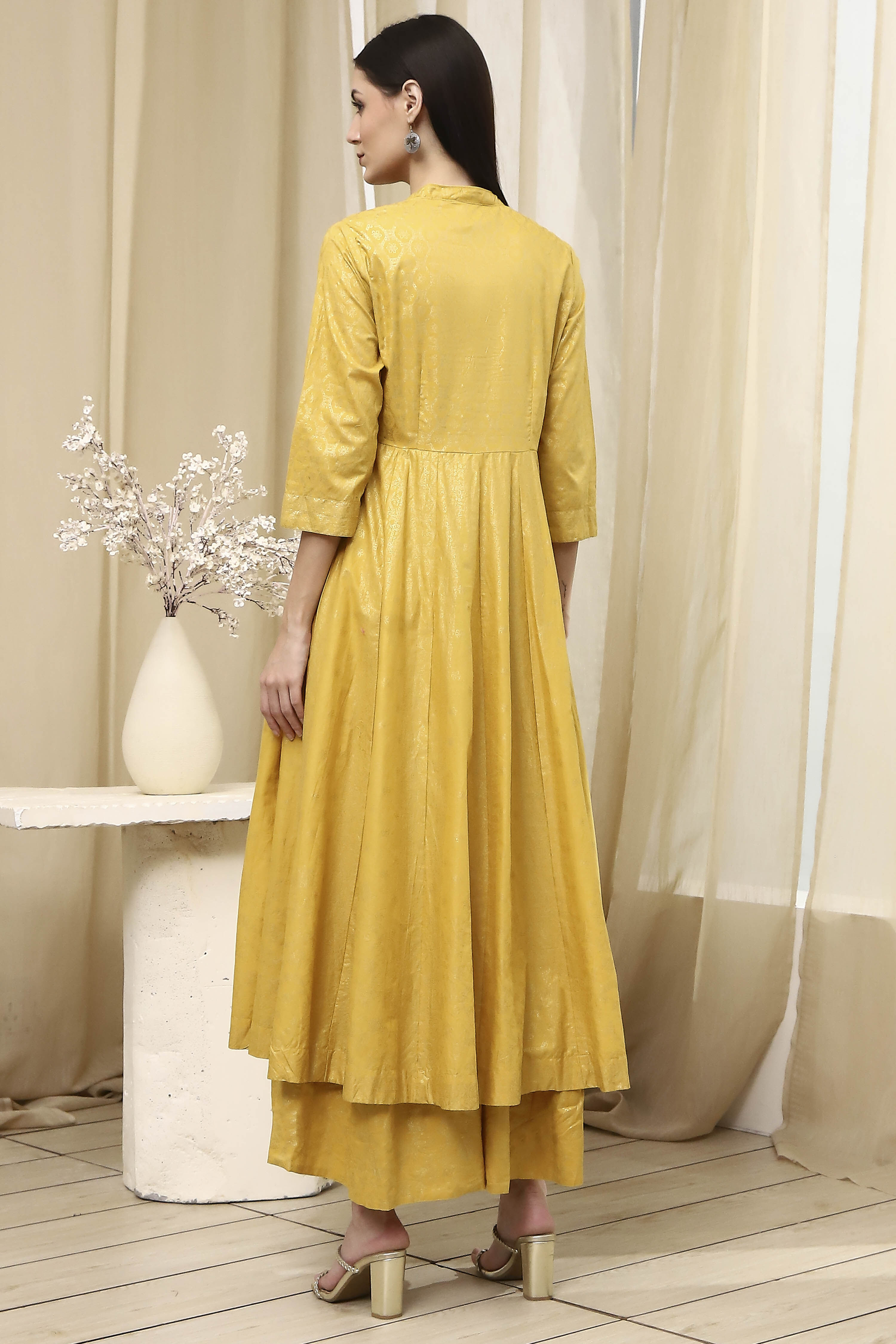 Lime Yellow Cotton Layered Anarkali Dress image number 3