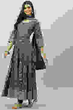 Navy Blue Cotton Anarkali Kurta Churidar Suit Set image number 6