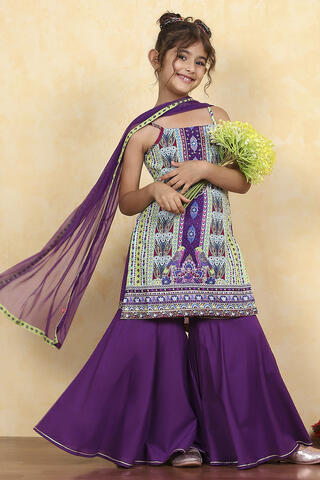 BIBA Purple Cotton Printed Straight Sharara Suit Set in Purple
