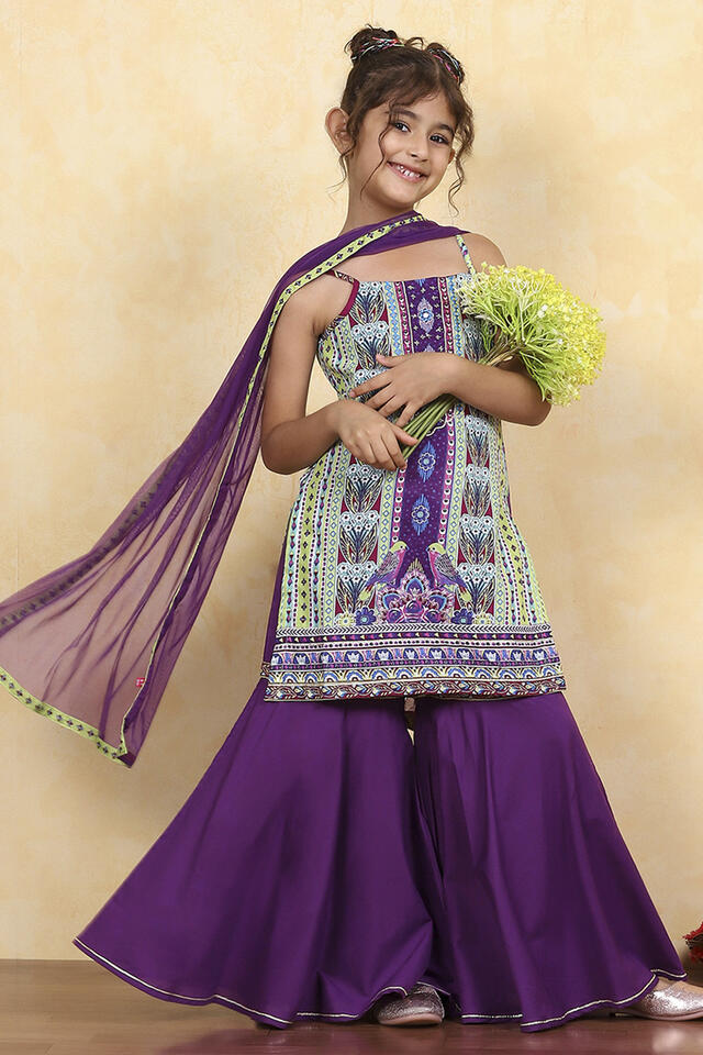BIBA Purple Cotton Printed Straight Sharara Suit Set in Purple