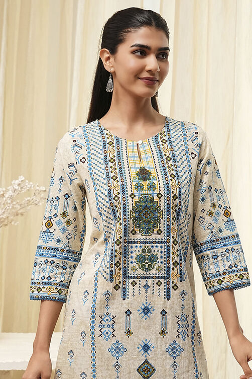 Off-White and Blue Cotton Straight Kurta image number 1