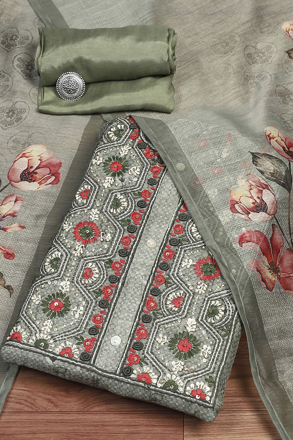 Green Chanderi Hand Embroidered Unstitched Suit Set image number 0