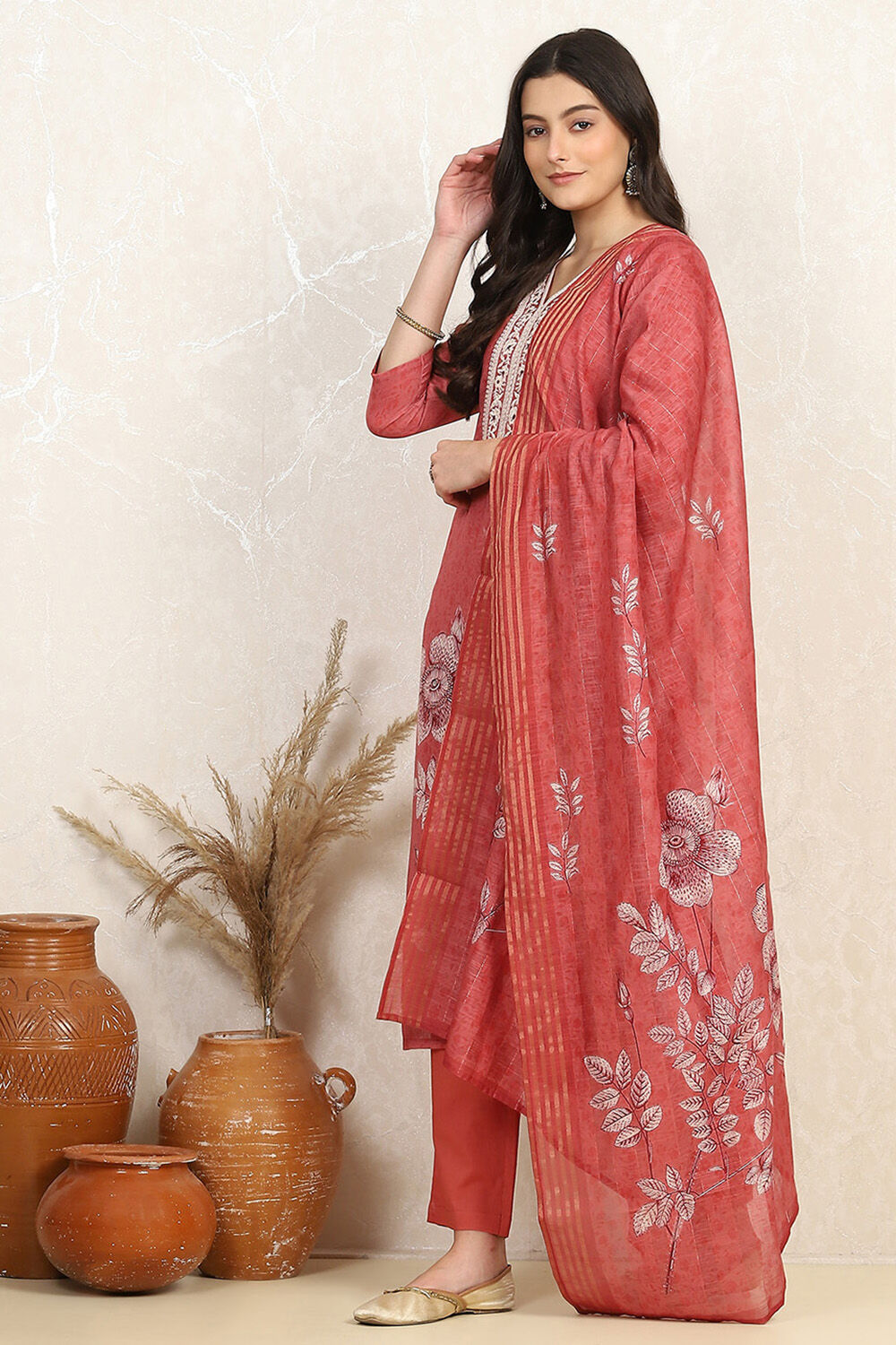 Rust Linen Digital Print Unstitched Suit Set image number 4