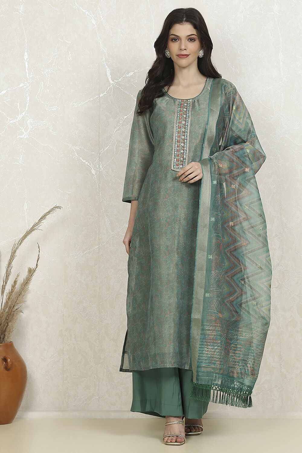 Orange Chanderi Unstitched Suit Set image number 7