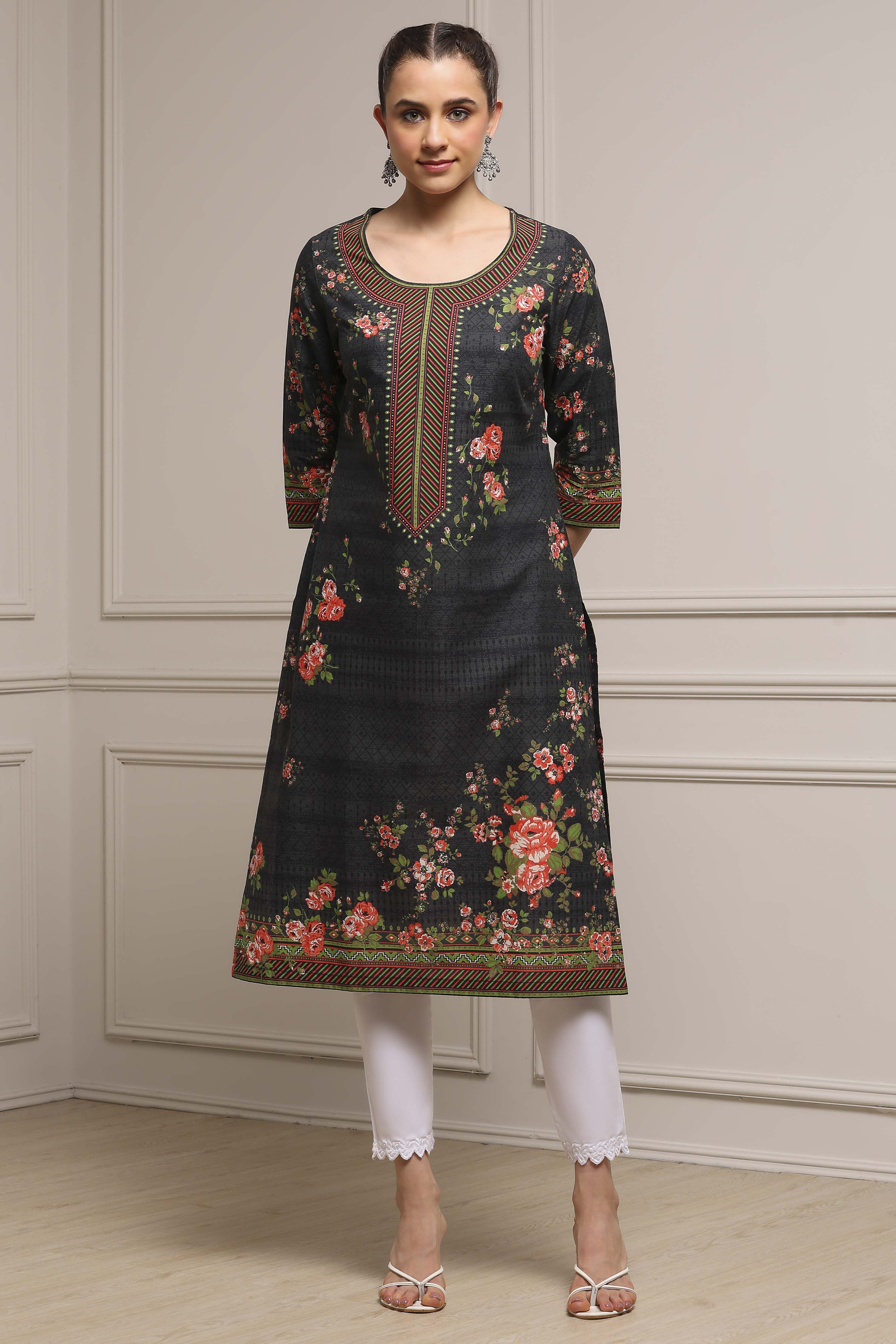 Black Cotton Floral Printed Straight Kurta image number 0