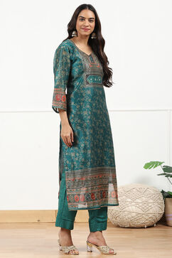 Teal Chanderi Floral Printed Unstitched Suit Set image number 6