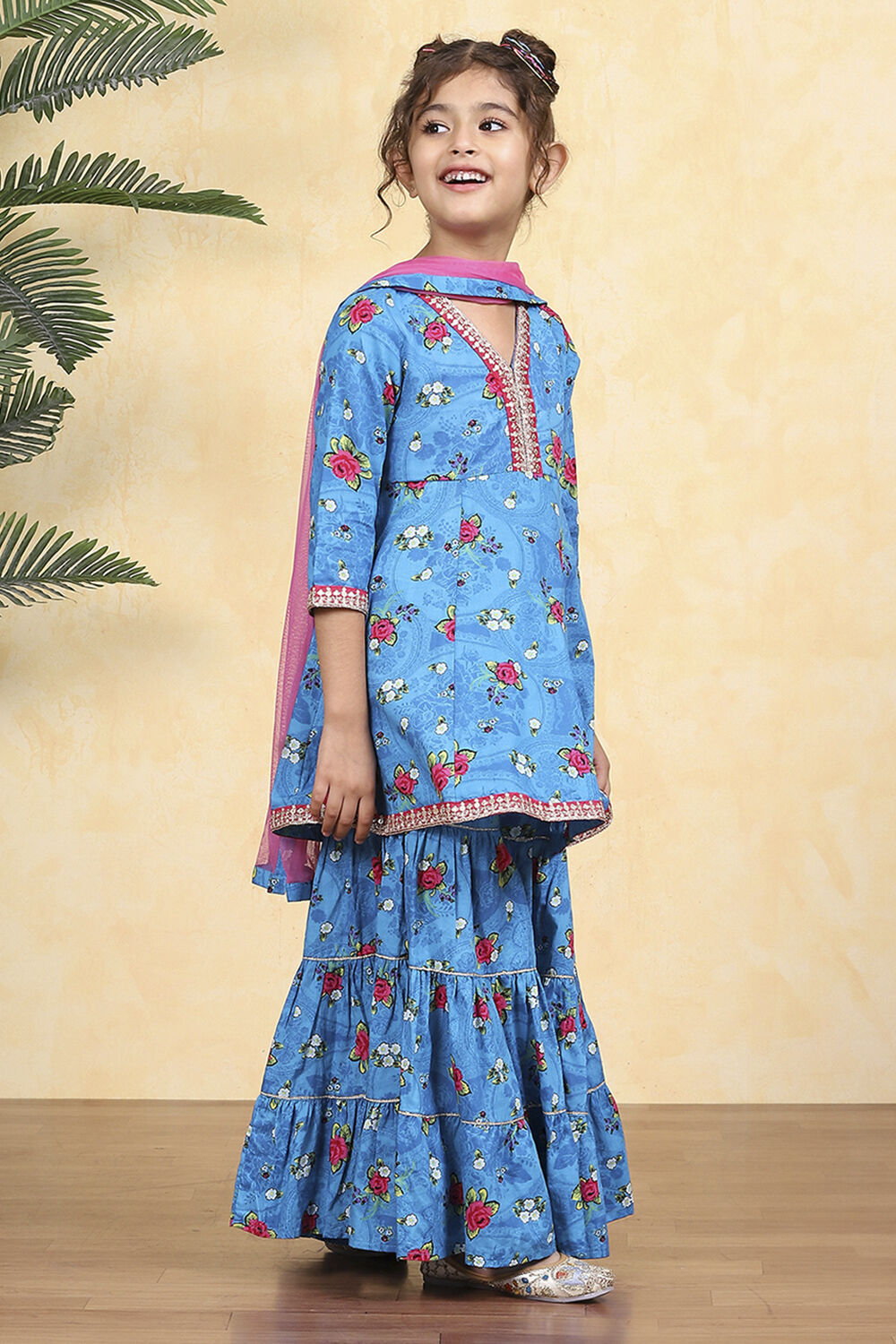 Blue Cotton Printed Flared Sharara Suit Set image number 7