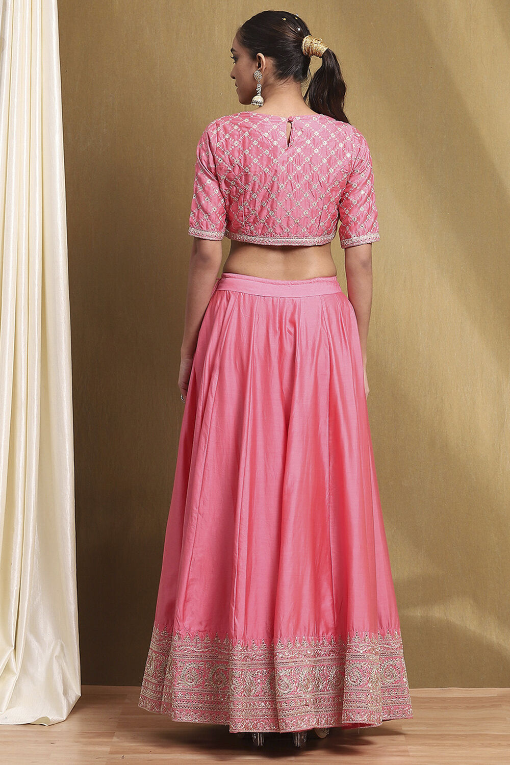 Coral Cotton Blend Embroidered Lehenga Set image number 4
