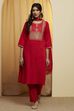 Red Cotton Straight Suit Set image number 6