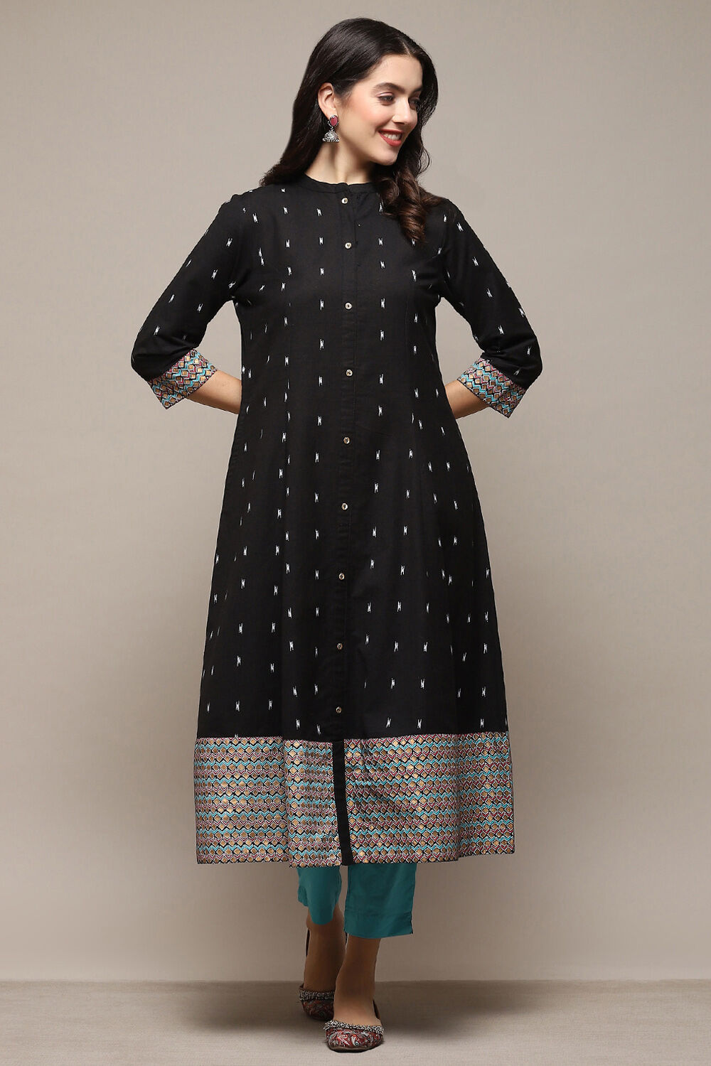 Black Cotton Flax Printed A-Line Kurta image number 0