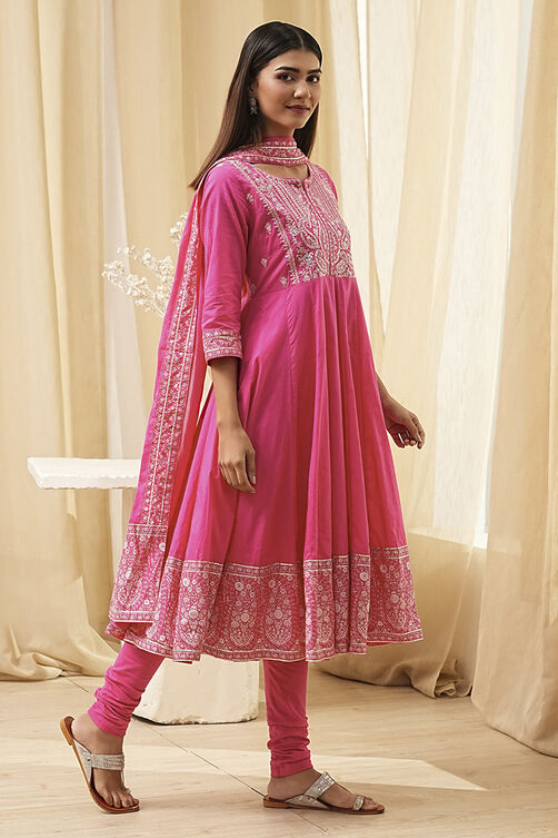 Blue Cotton Embroidered Anarkali Suit Set image number 5