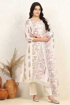 Off-white-Red Cotton Unstitched Suit Set image number 6