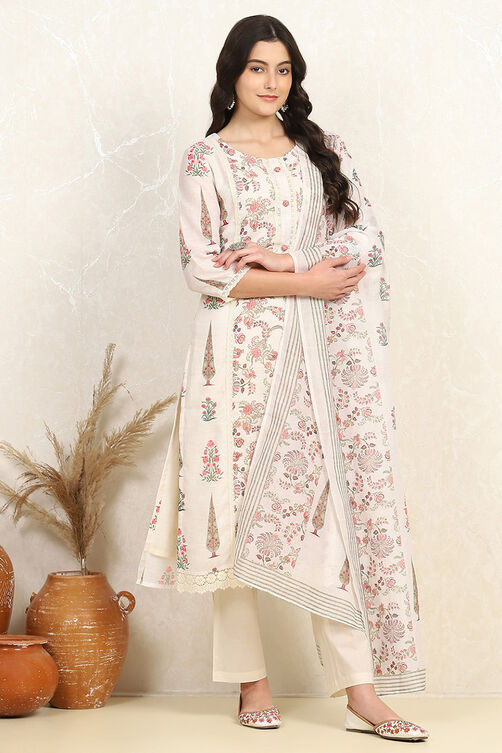 Off-white-Red Cotton Unstitched Suit Set image number 6