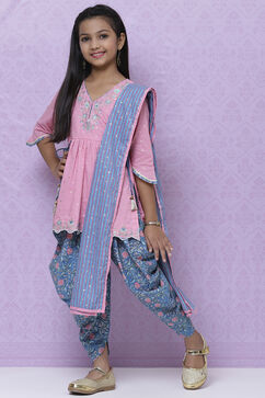 Pink Cotton Straight Kurta Dhoti Salwar Suit Set image number 0