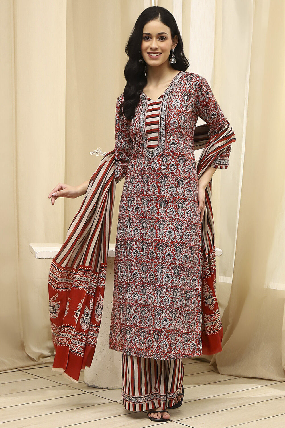 Red Cotton Floral Printed Unstitched Suit Set image number 1