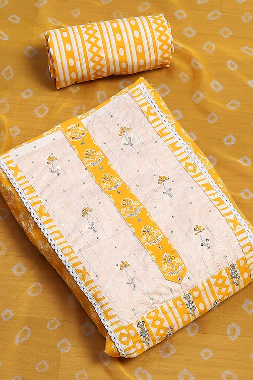 Yellow Cotton Hand Block Embroidered Unstitched Suit Set image number 0
