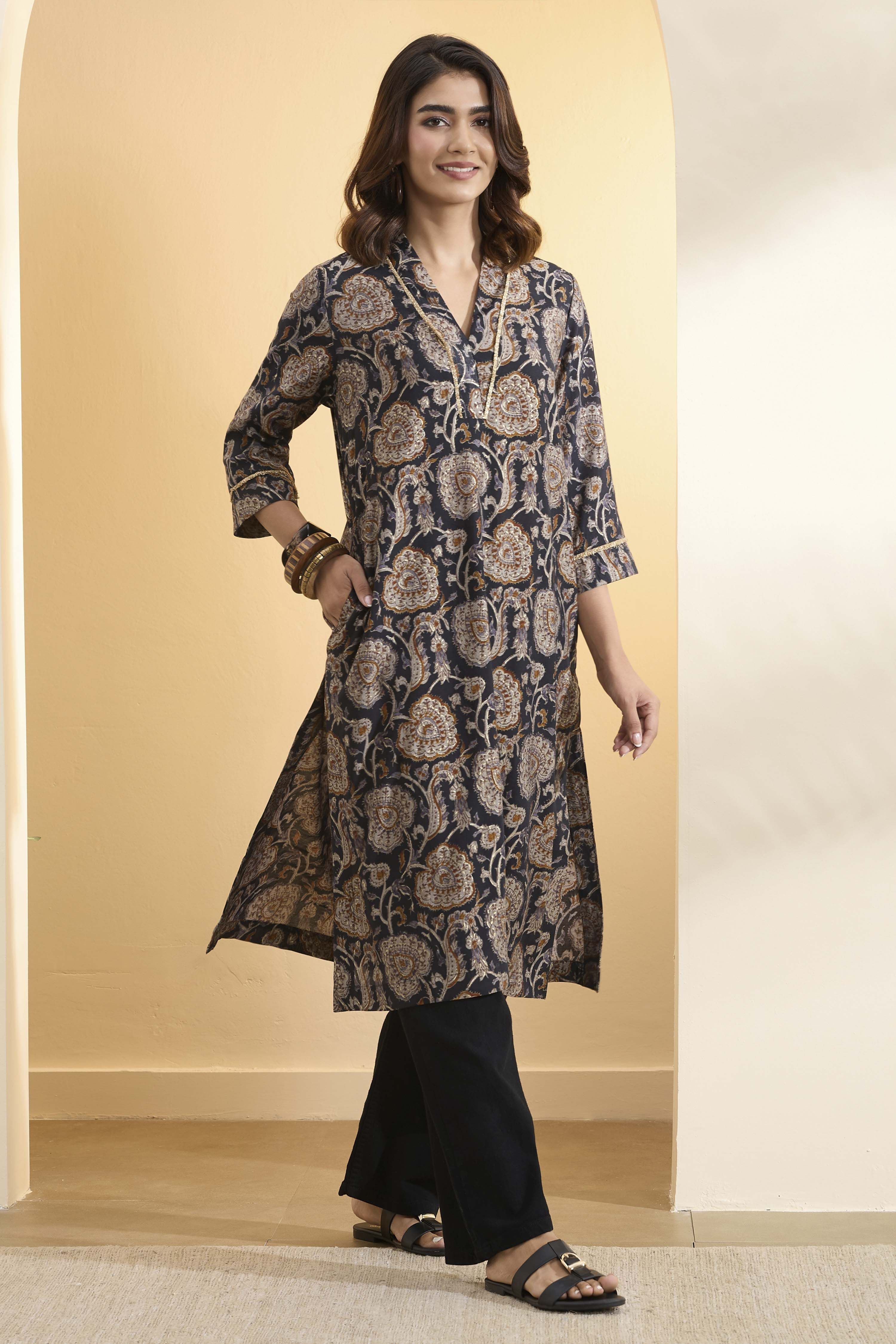 biba Black Poly Viscose Straight KurtaBlack Poly Viscose Straight Kurta-picture-325