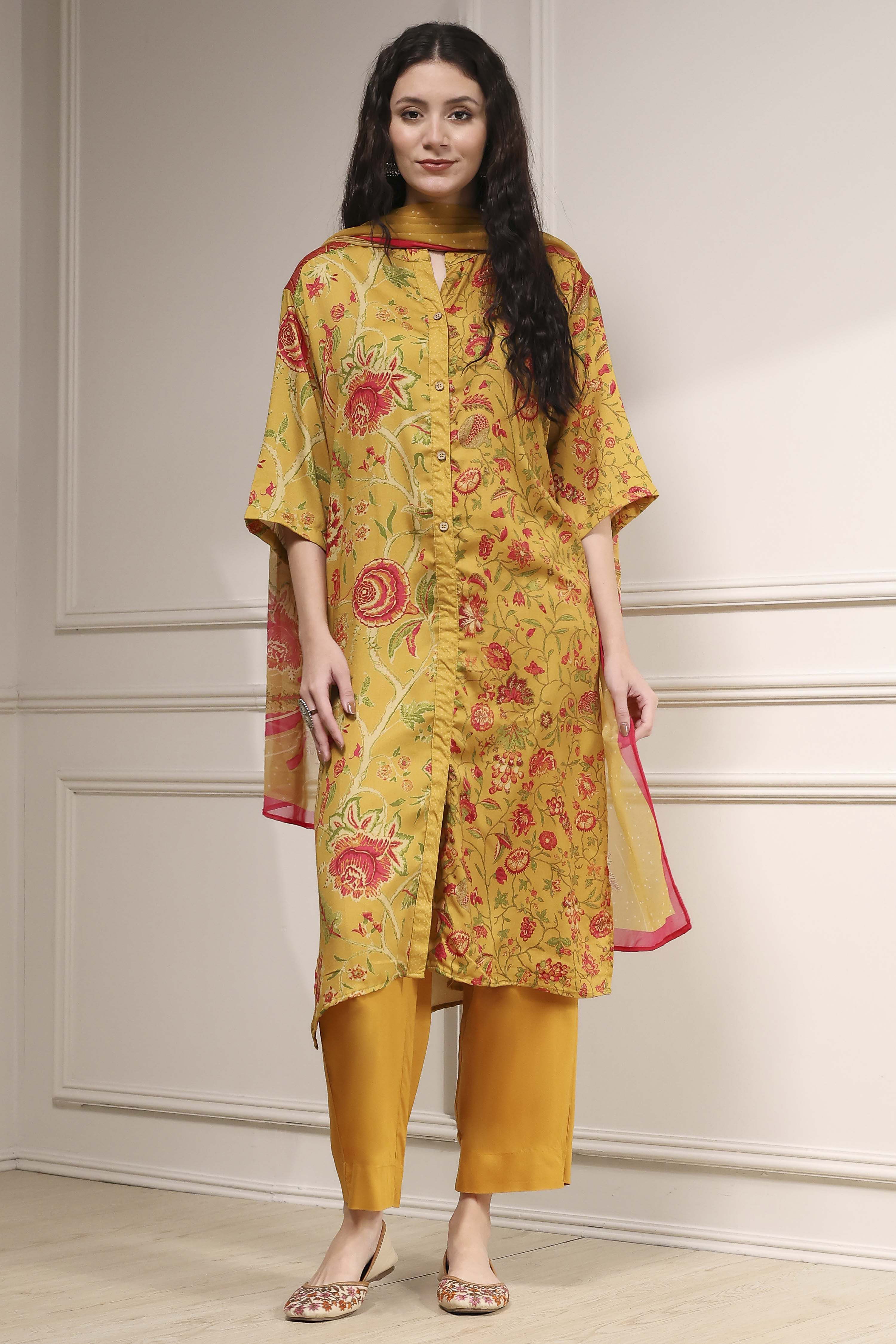 Mustard Yellow Printed Straight Suit Set image number 6