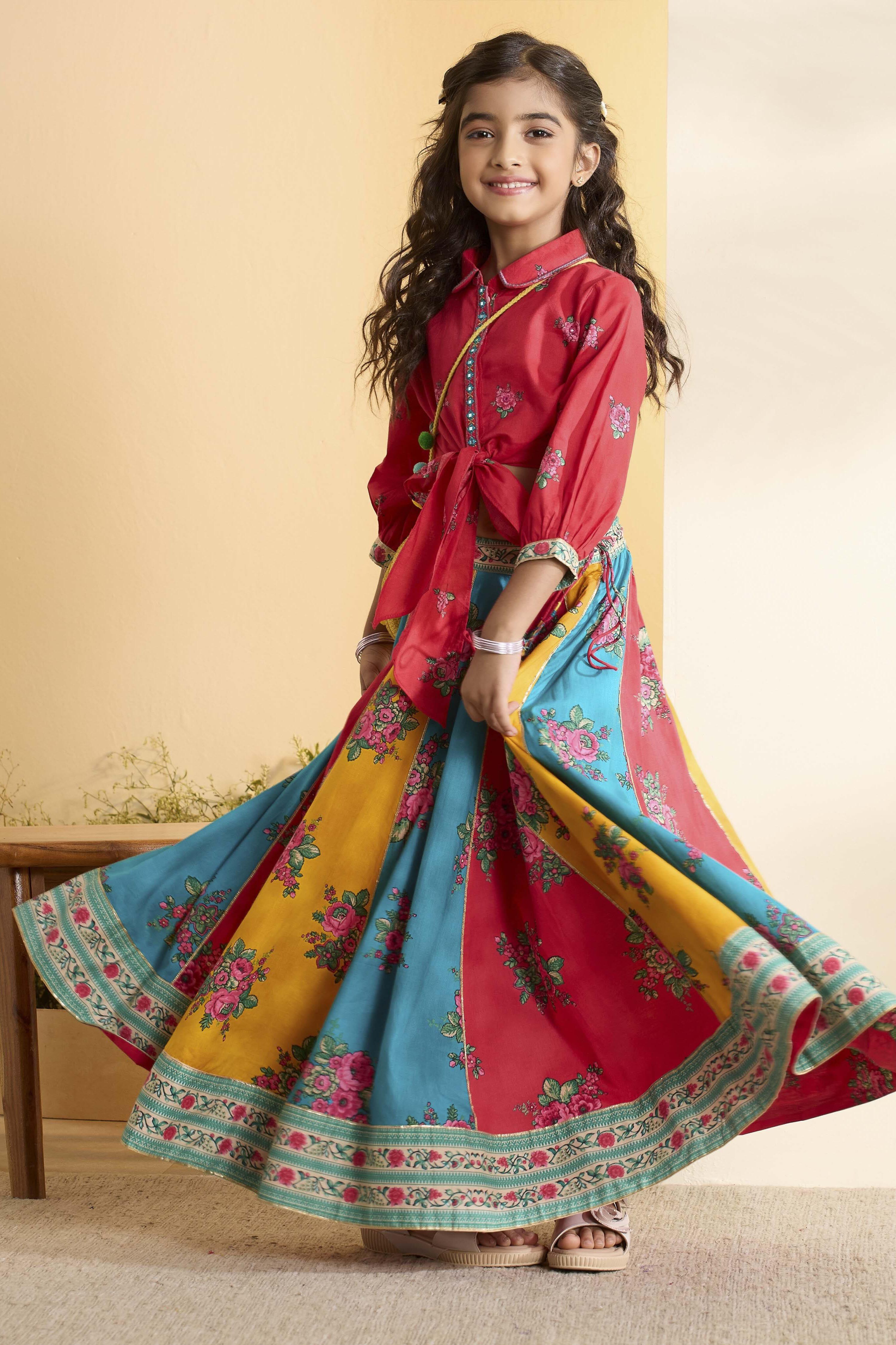 Red Cotton Printed Flared Lehenga Set image number 3