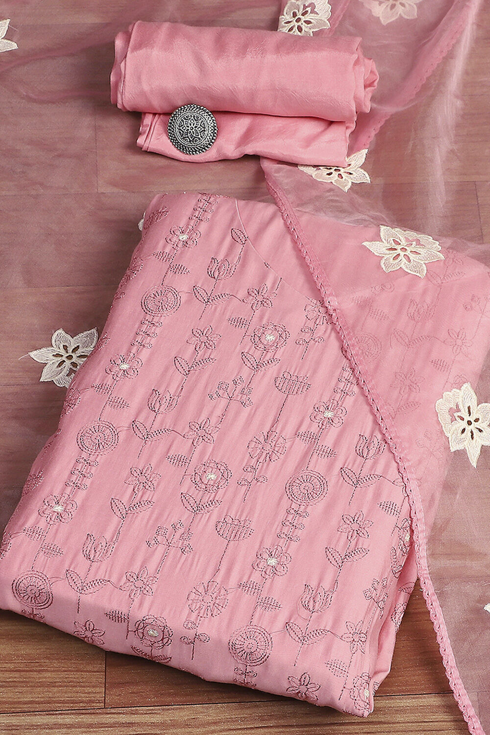 Pink Silk Blend Machine Embroidered Unstitched Suit Set image number 0