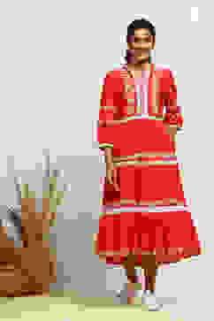 Cherry Red Pure Cotton Embroidered Tiered Dress image number 5