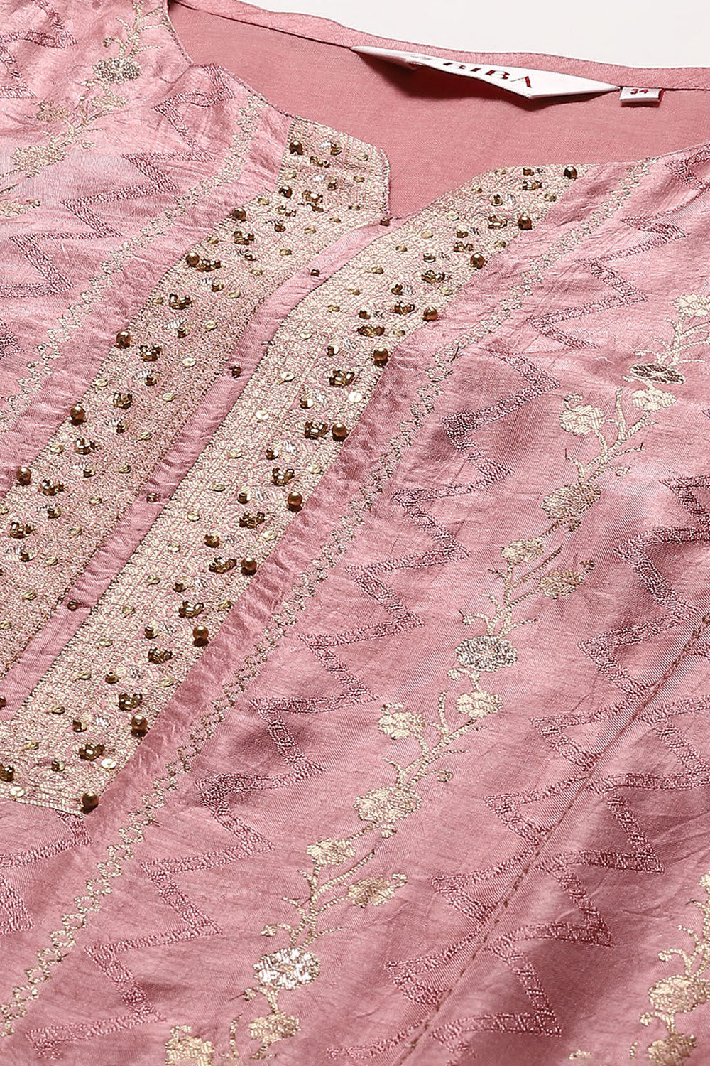 Peach Pink Viscose Yarndyed Kurta Regular Pants Suit Set image number 1