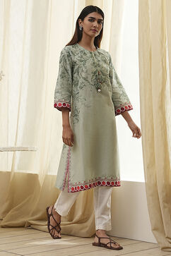 Green Cotton Floral Straight Kurta image number 0