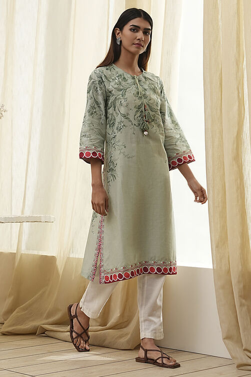 Beige and Blue Cotton Floral Straight Kurta image number 0