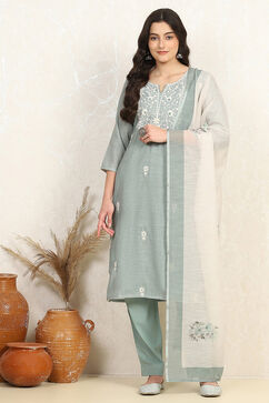 Teal Cotton Unstitched Suit Set image number 7