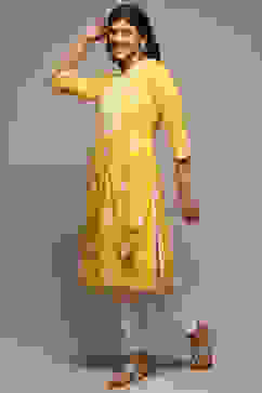 Yellow Cotton Straight Embroidered Kurta image number 2