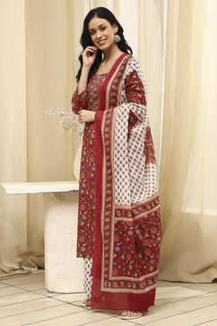 Brown and White Cotton Screen Print Unstitched Suit Set image number 4