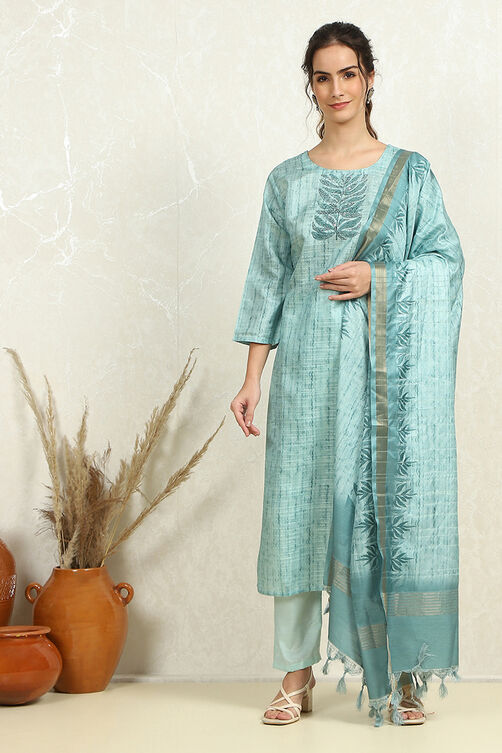 Blue Tussar Printed Unstitched Suit Set image number 1