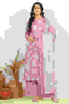 Purple Cotton Screen Print Unstitched Suit Set image number 7