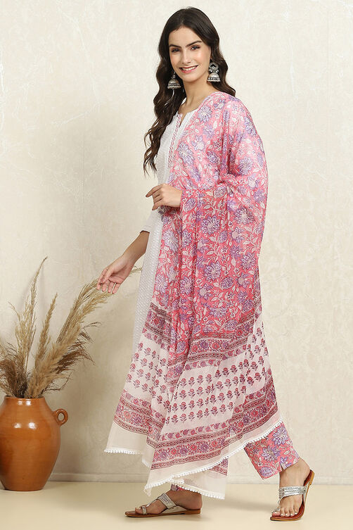 White and Pink Cotton Floral Hand Block Unstitched Suit Set image number 4