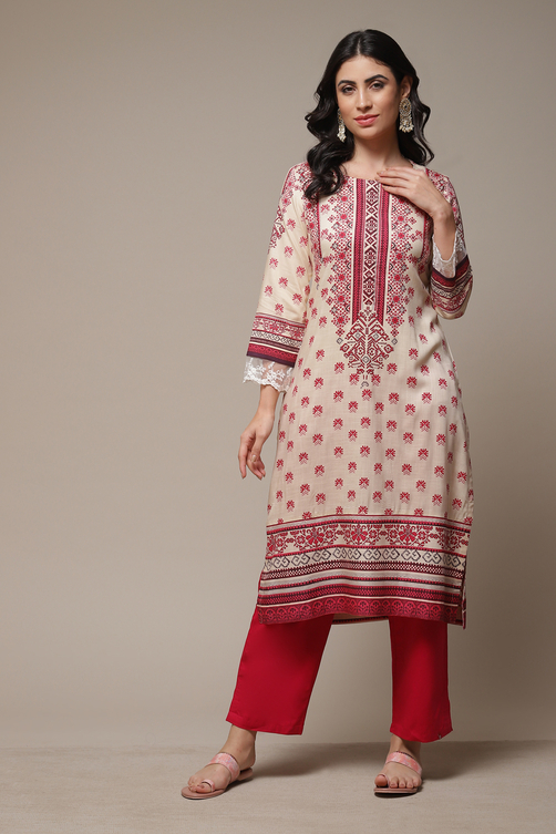 Blue LIVA Straight Printed Kurta image number 1