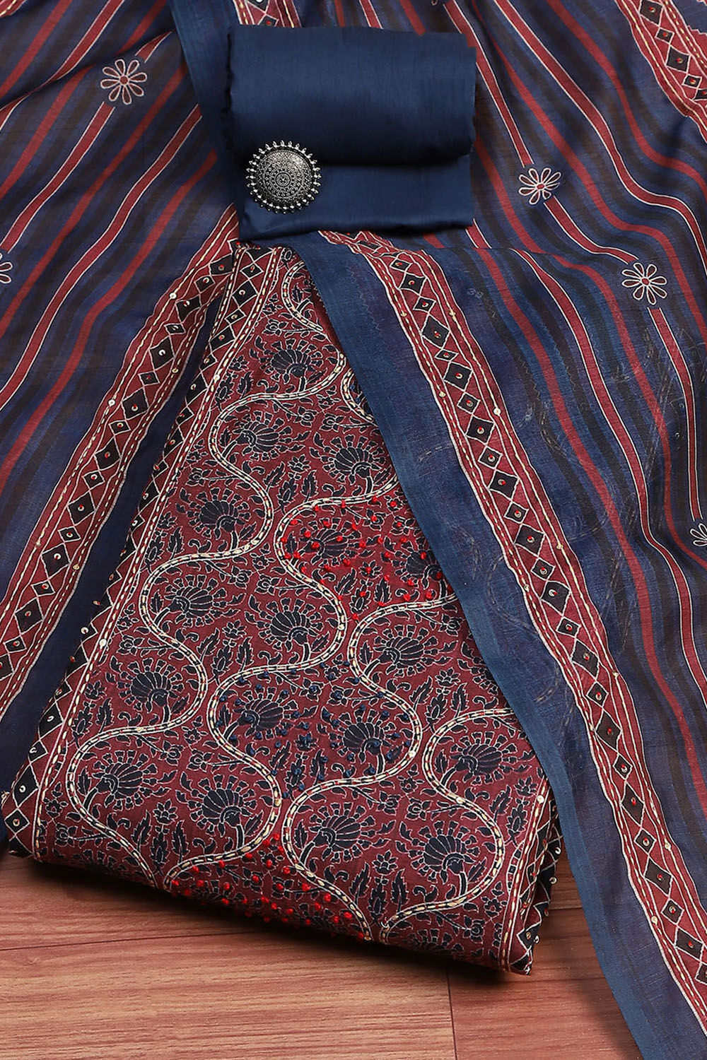 Maroon Chanderi Printed  Embroidered Unstitched Suit Set image number 0