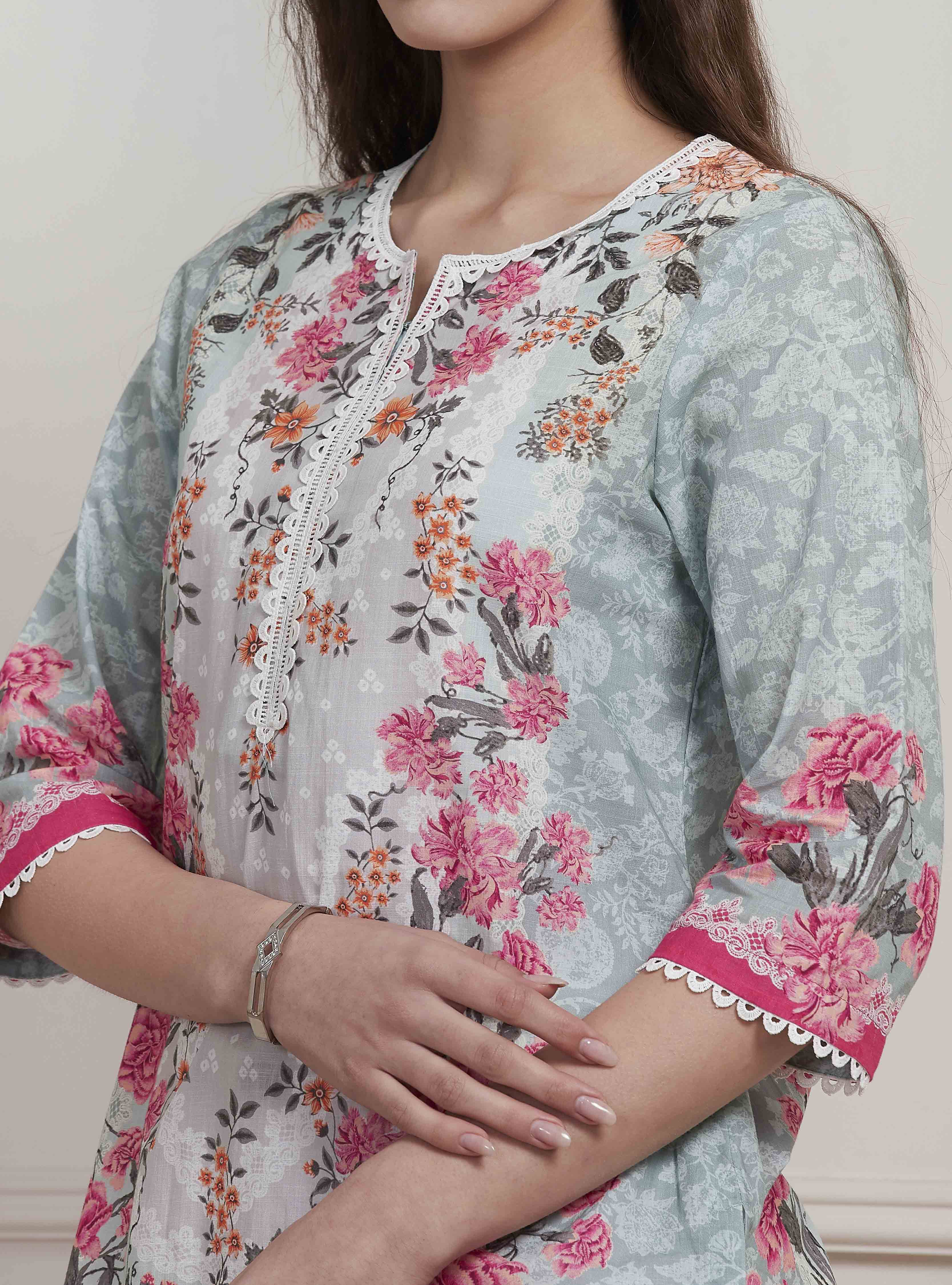 Blue Cotton Printed Straight Short Kurta image number 1