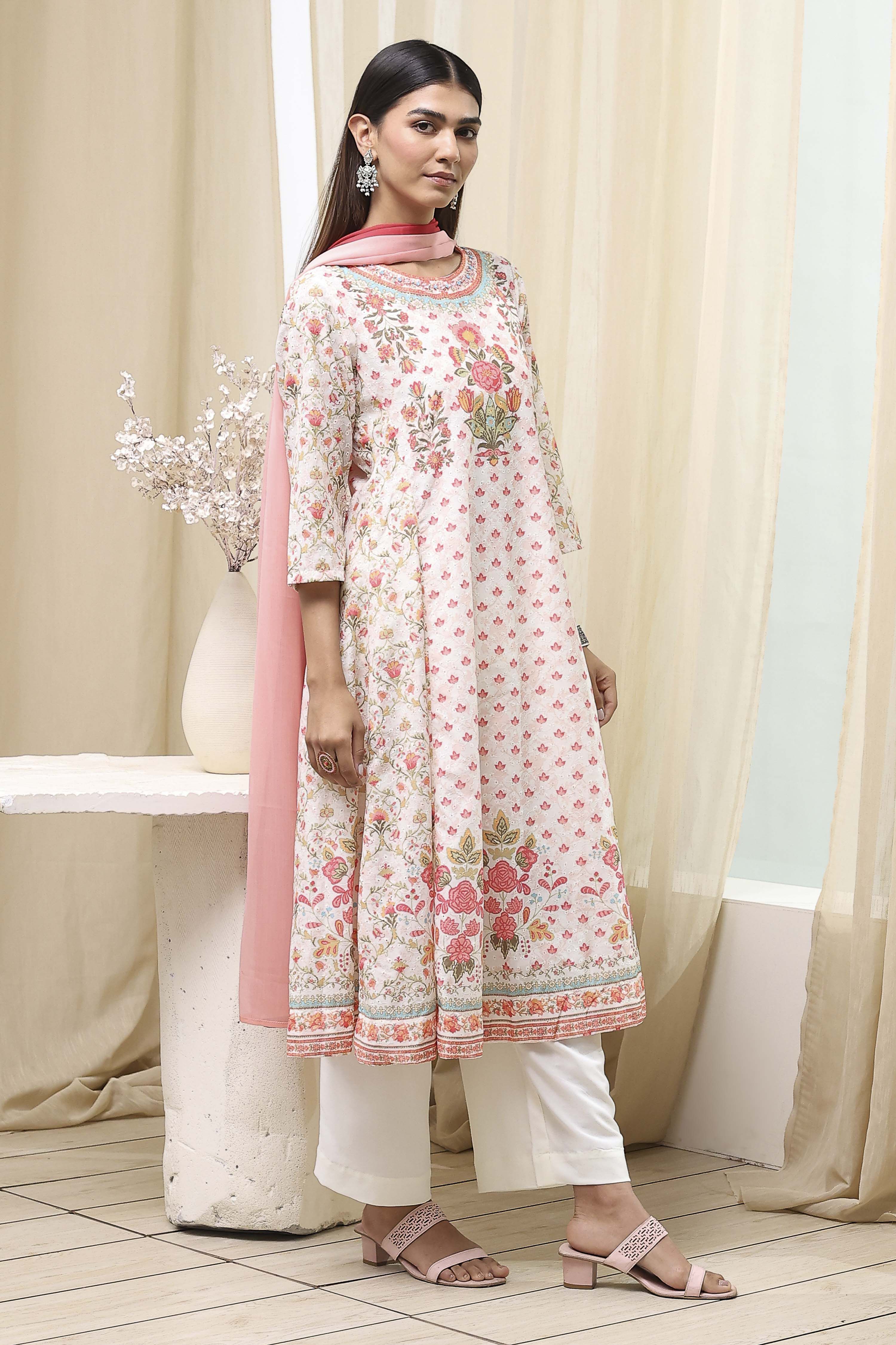 Off-White and Pink Cotton Floral Kalidar Suit Set image number 5