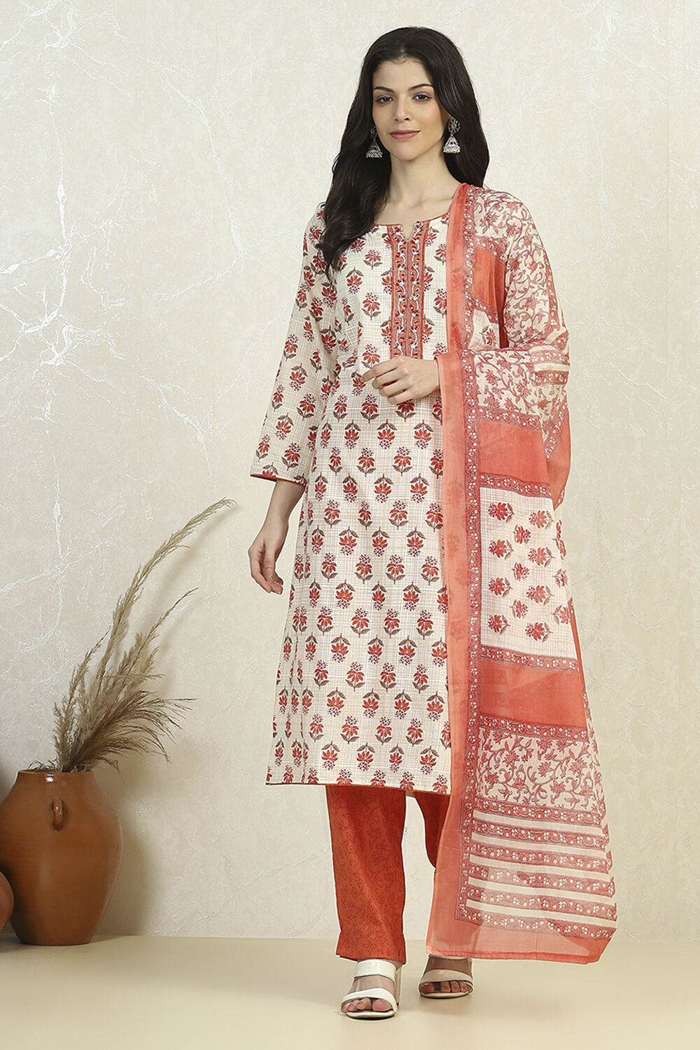 Orange Cotton Printed Embroidered Unstitched Suit Set image number 7