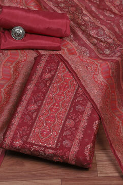 Green-Maroon Chanderi Unstitched Suit Set image number 0