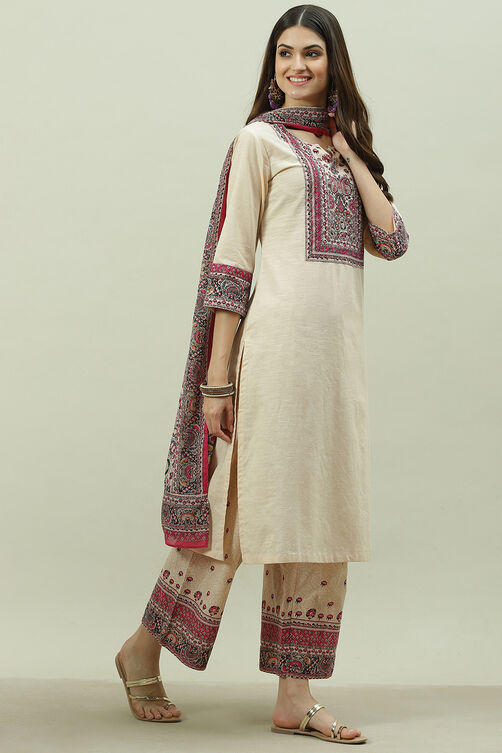 Red Cotton Straight Kurta Palazzo Suit Set image number 6