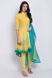 Yellow Cotton Asymmetric Kurta Churidar Suit Set image number 3