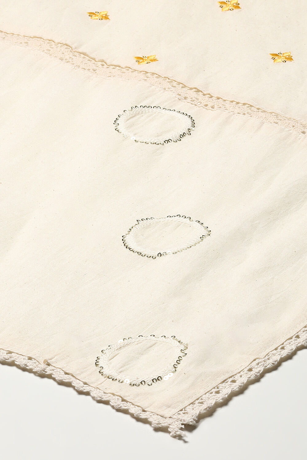 Off White Cotton Schiffly Unstitched Suit Set image number 4